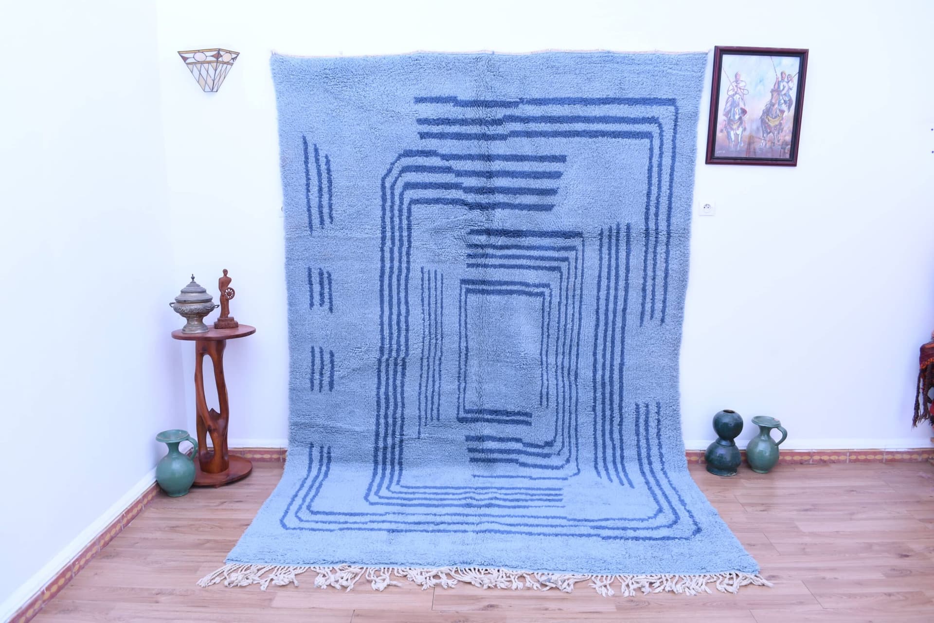 Moroccan Rug Handmade Wool 7x10 - Blue Minimalist Modern Area Rug for Living Room Bedroom - Authentic Mrirt Berber - Image 2