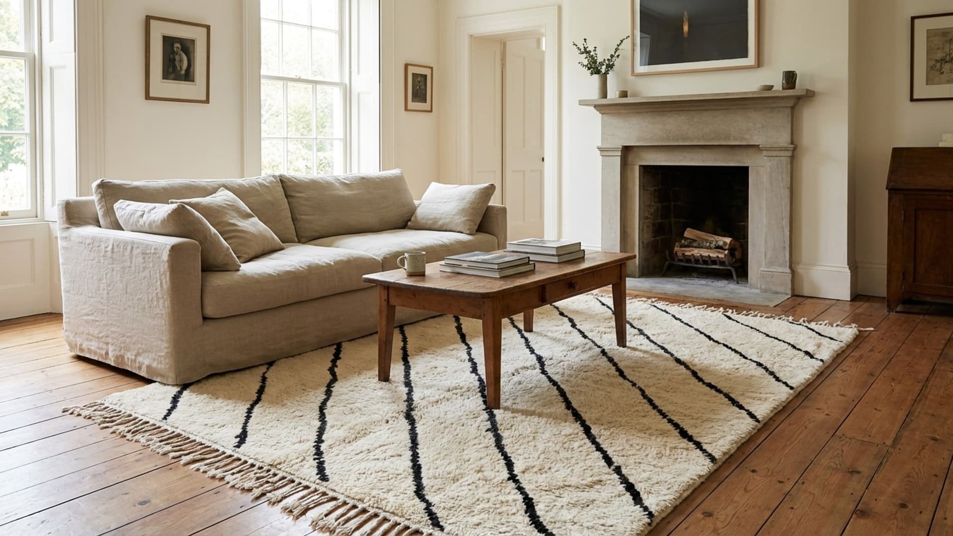 Marockansk Matta Handgjord Ull 8x10 - Elfenben Svart Abstrakt Randig Boho Områdesmatta för Vardagsrum Sovrum Berber