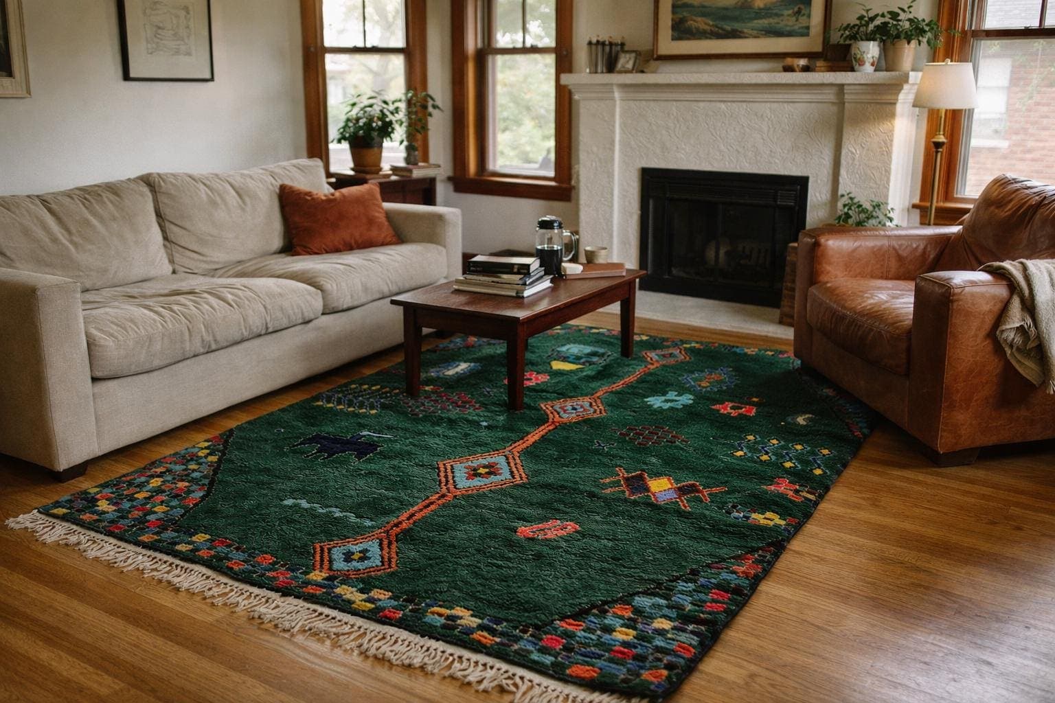 Marokkanischer Teppich Boujaad 5x7 Wolle Waldgrün Multicolor Tribal Boho Wohnzimmer