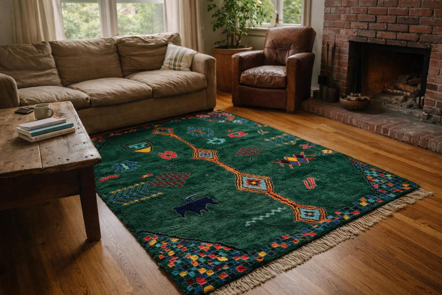 Marokkanischer Teppich Boujaad 5x7 Wolle Waldgrün Multicolor Tribal Boho Wohnzimmer - Image 2