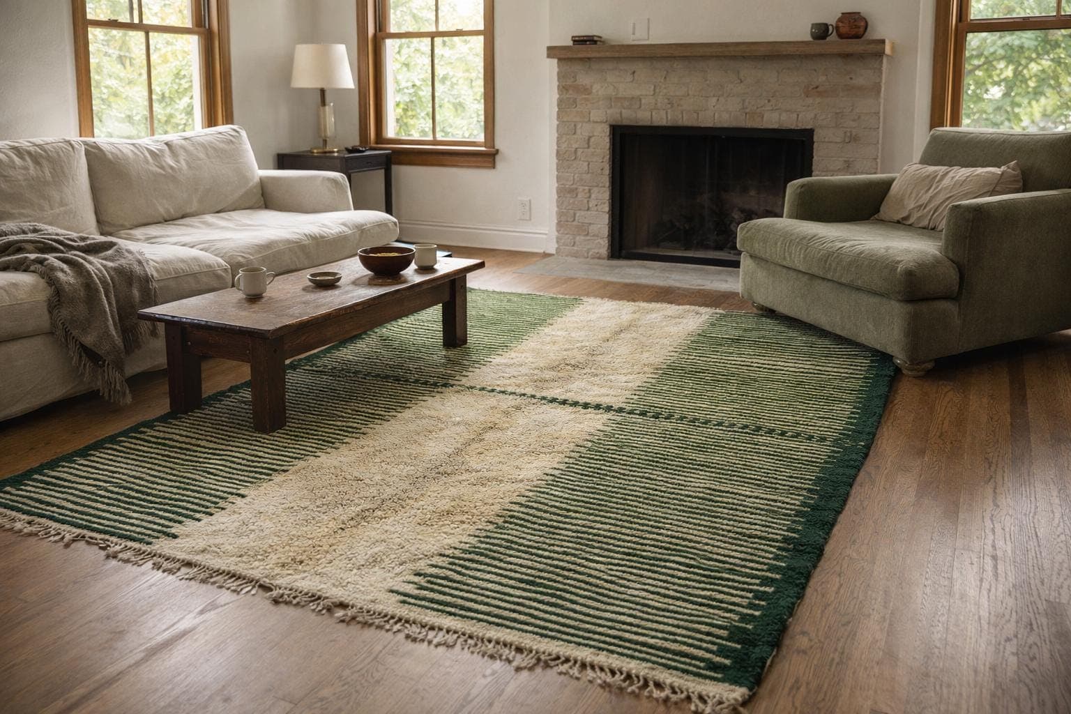 Moroccan Rug Handmade Wool Custom Size - Green Ivory Modern Boho Area Rug for Living Room Bedroom - Mrirt