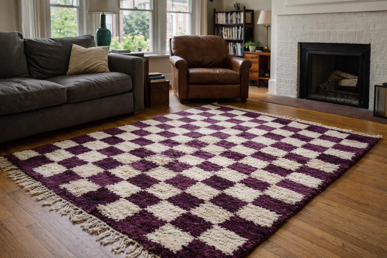Moroccan Rug Handmade Wool 8x10 - Ivory Plum Checkered Boho Area Rug for Living Room Bedroom - Mrirt