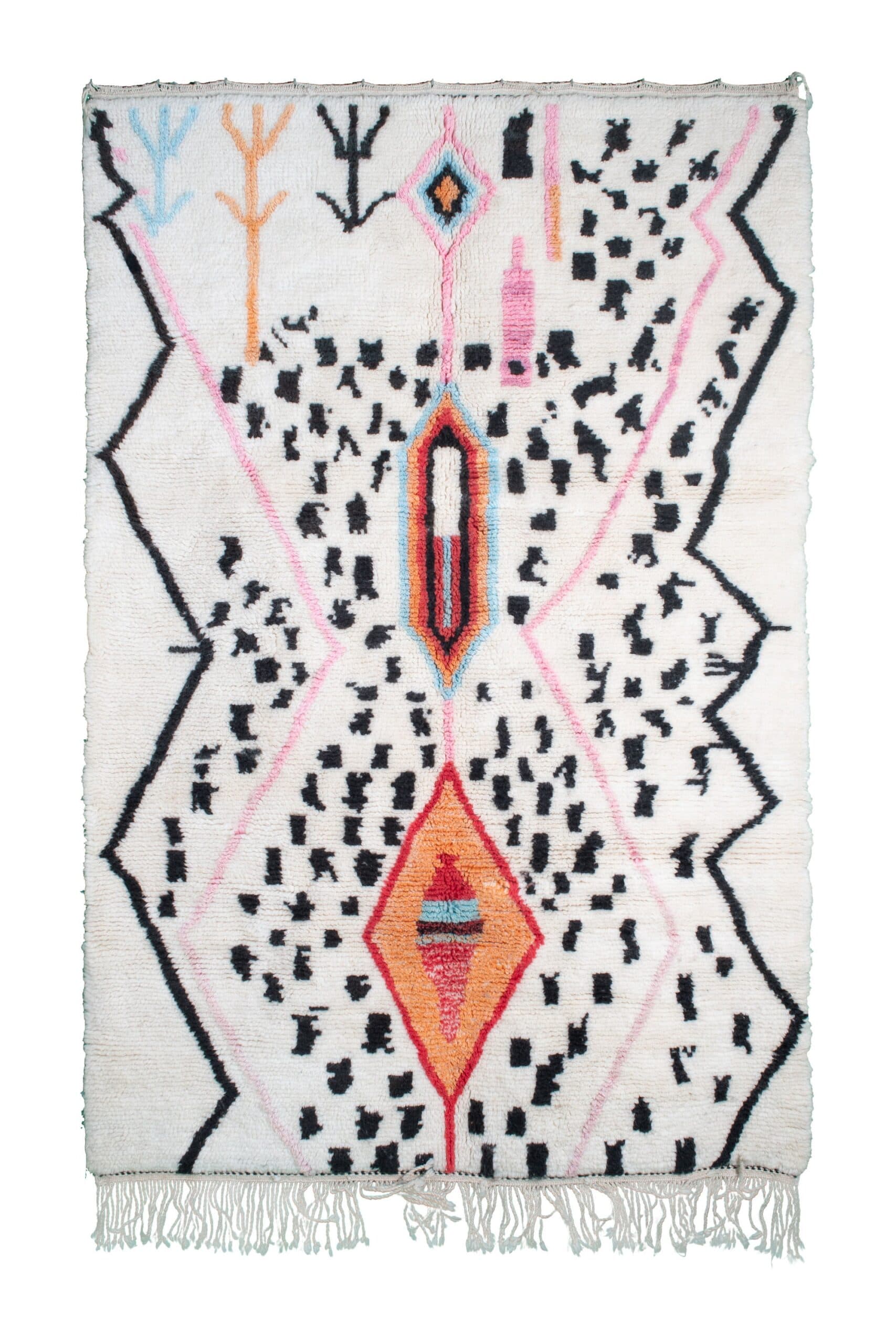 Moroccan Rug Azilal 4x6 Wool Cream White Black Multicolor Boho Living Room - Image 2