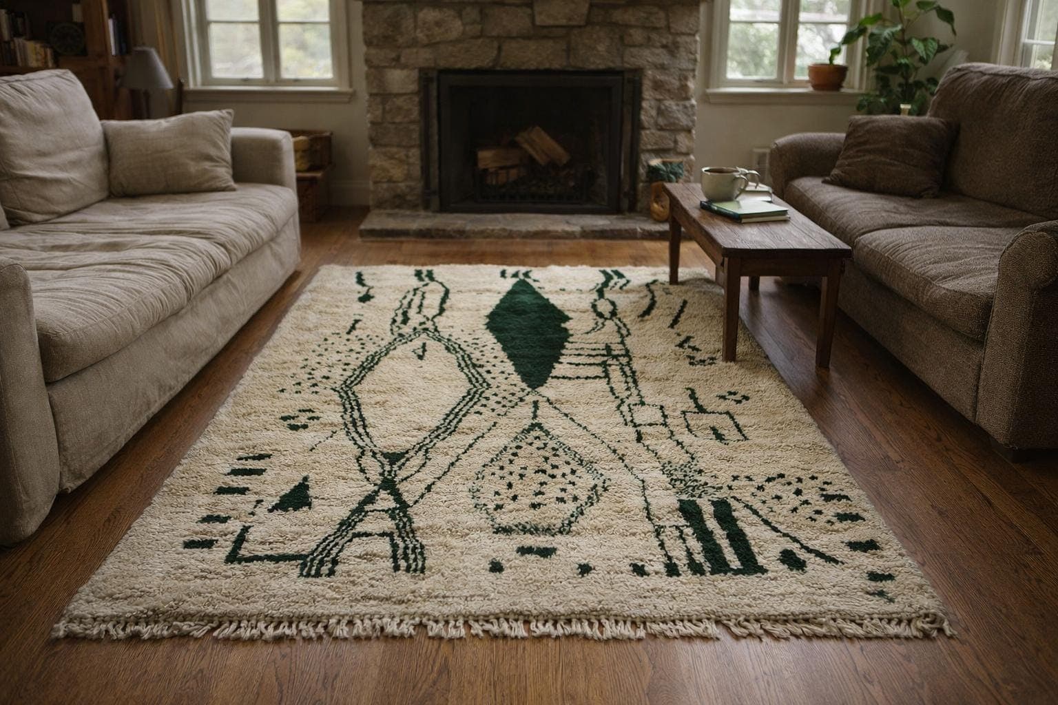 Moroccan Rug Handmade Wool 8x10 - Ivory Green Minimalist Boho Area Rug for Living Room Bedroom - Beni Ourain - Image 2