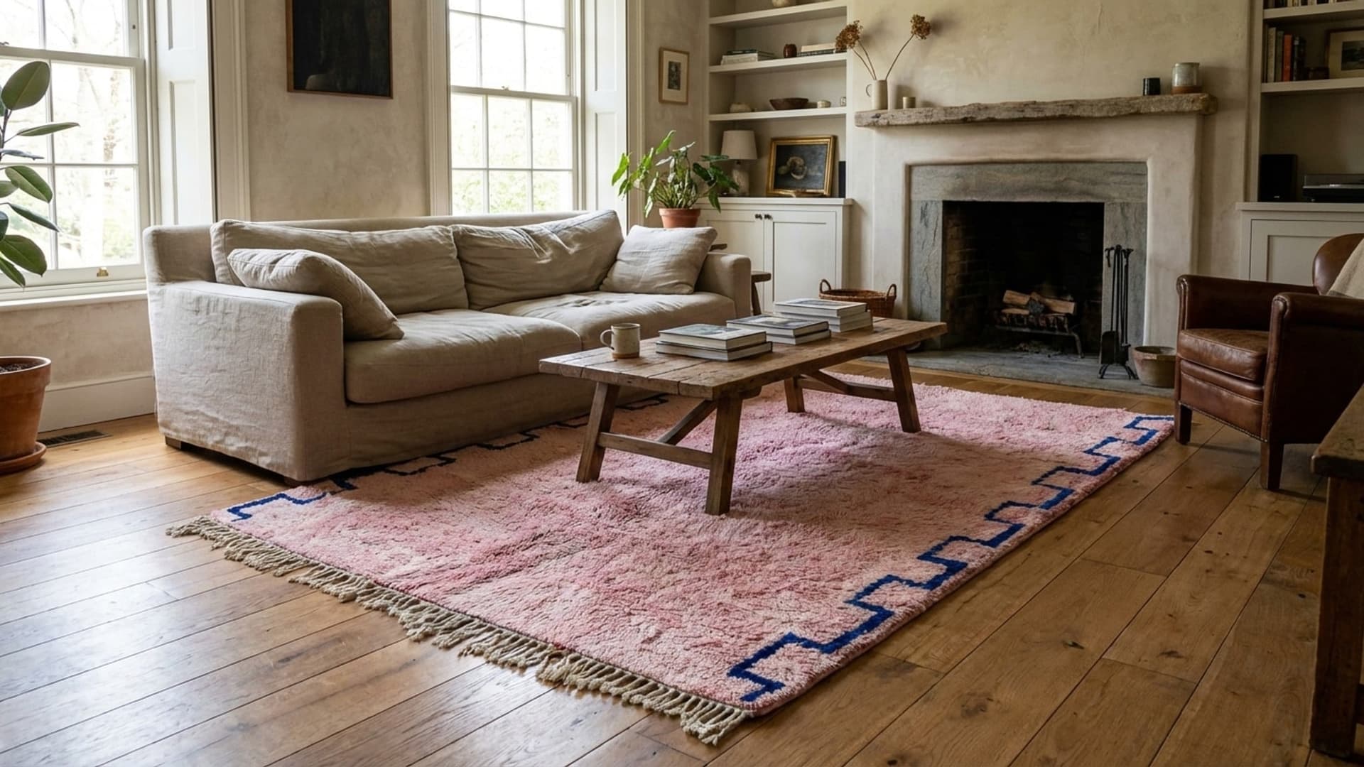 Moroccan Rug Mrirt 8x10 Wool Blush Pink Cobalt Blue Minimalist Boho Living Room