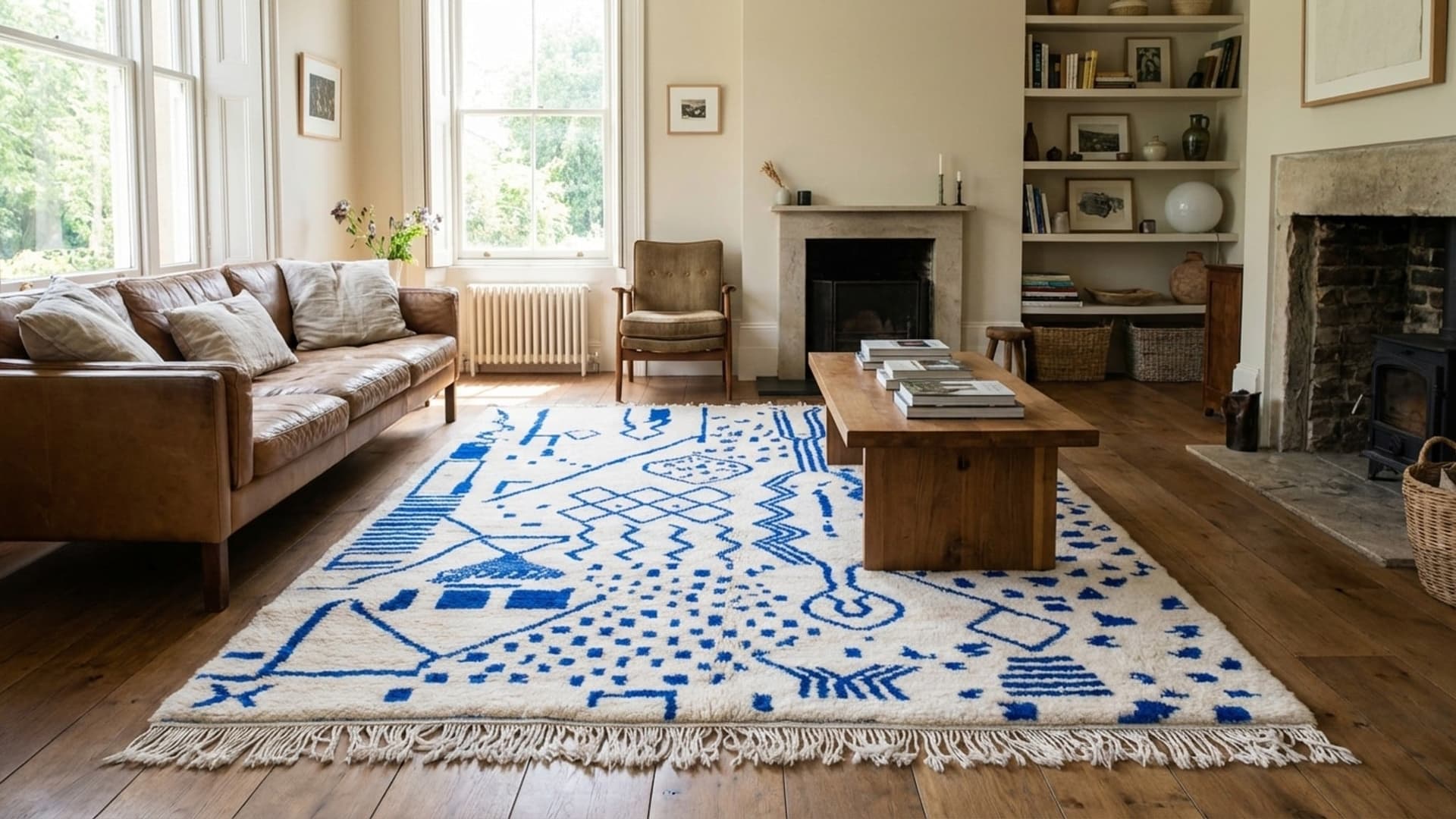 Moroccan Rug Beni Ourain 5x8 Wool Blue Ivory Boho Minimalist Living Room