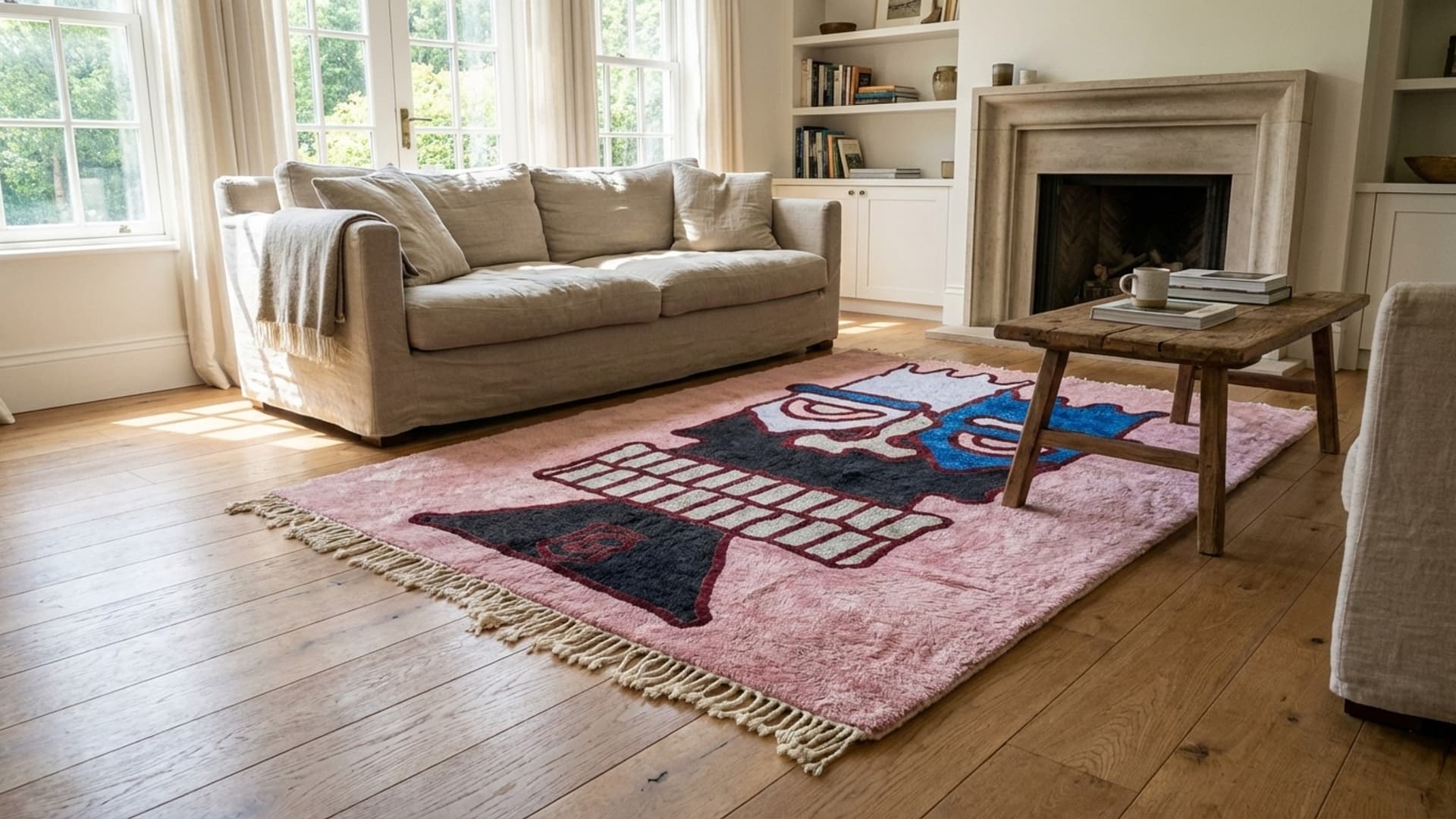 モロッコ製手作りウールラグ カスタムサイズ - ピンク現代ボヘミアンエリアラグ リビングルーム ベッドルーム用 - 本物のベルベル