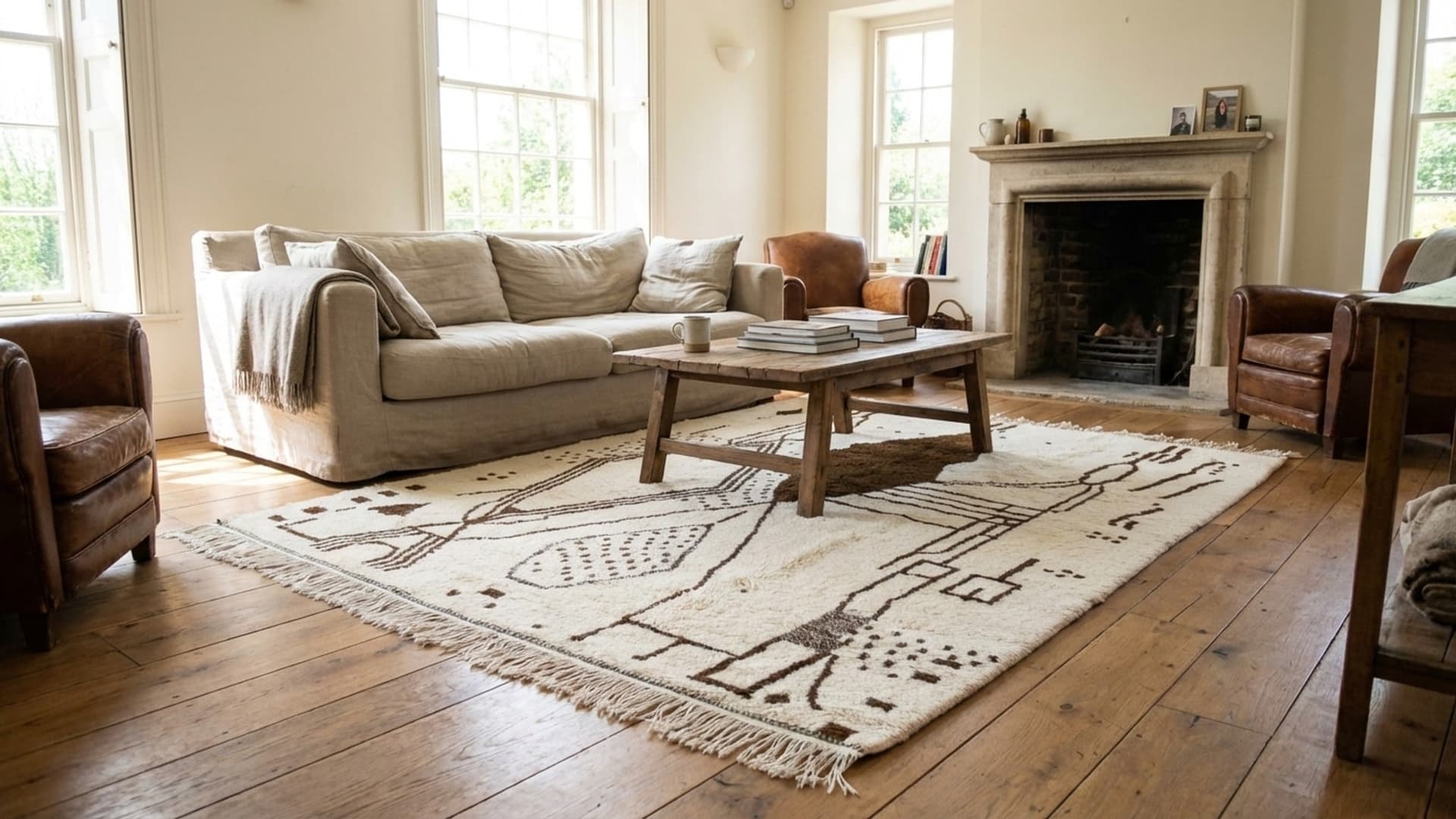 Moroccan Rug Handmade Wool Custom Size - Ivory Brown Neutral Boho Area Rug for Living Room Bedroom Beni Ourain