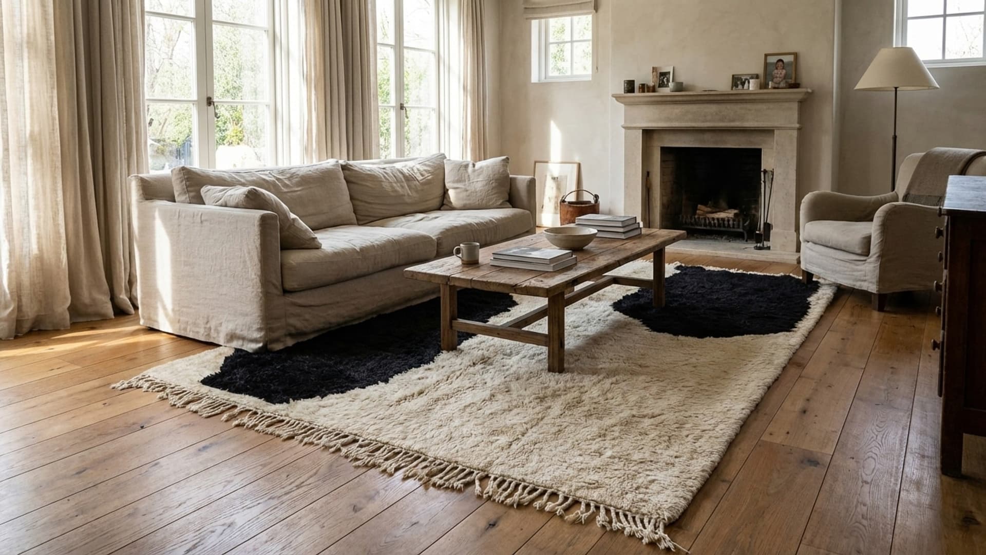 モロッコ製手作りウールカスタムサイズ - アイボリー・ブラックミニマリストモダンエリアラグ(リビングルーム・寝室用) - Mrirt