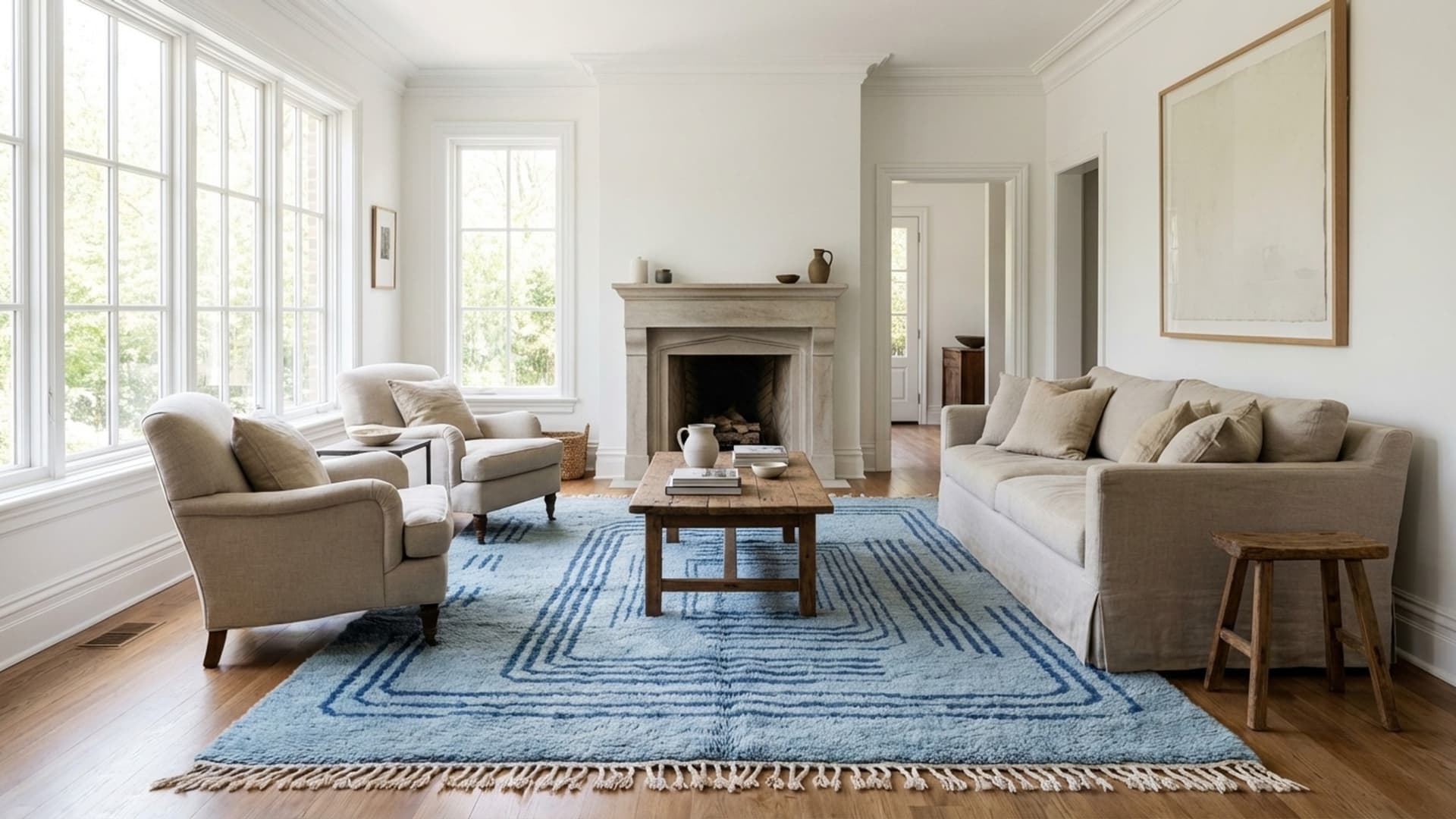 Moroccan Rug Handmade Wool 7x10 - Blue Minimalist Modern Area Rug for Living Room Bedroom - Authentic Mrirt Berber