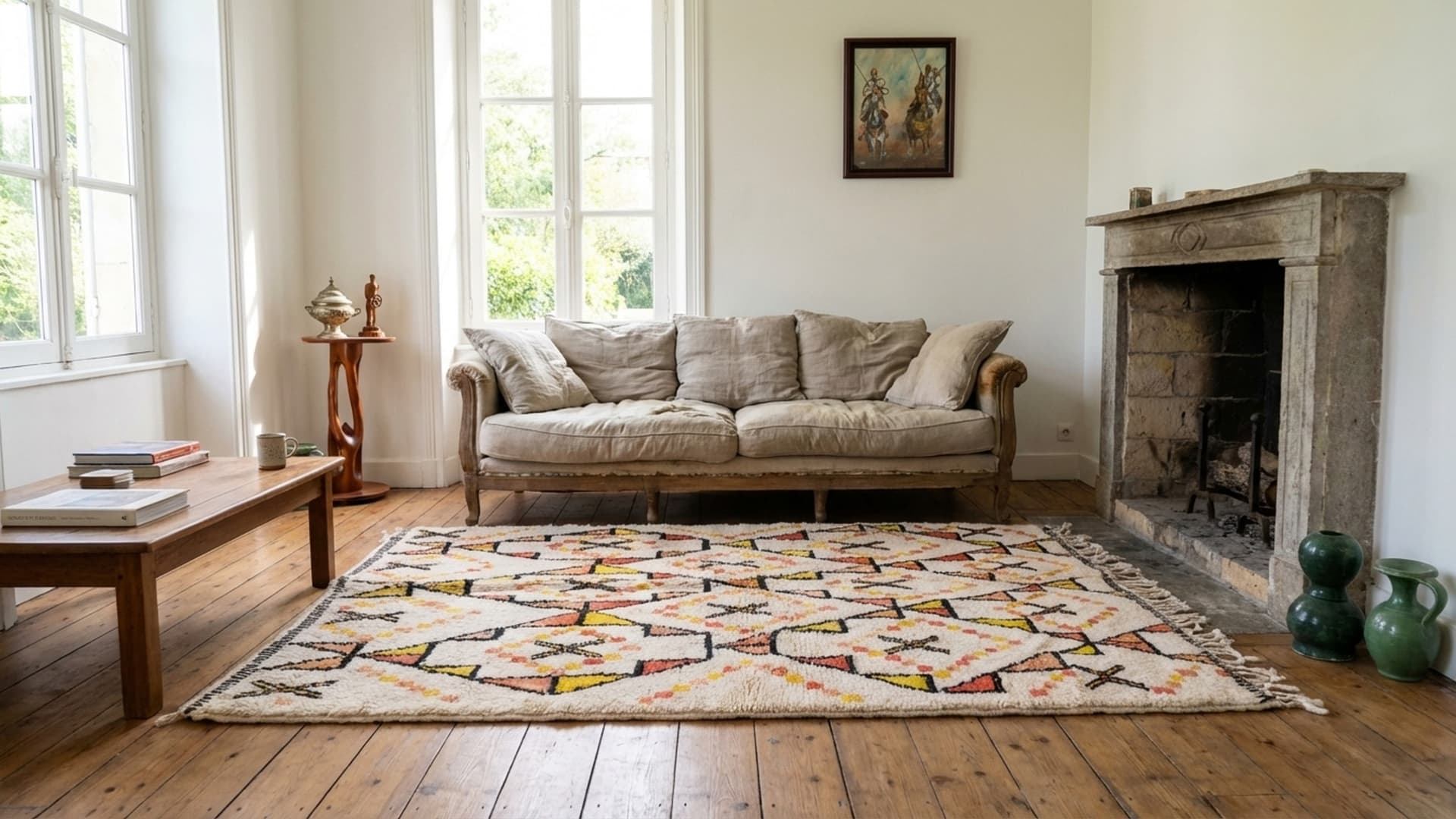 Marockansk Matta Handgjord Ull 6x6 - Elfenben Neutral Geometrisk Boho Matta för Vardagsrum Sovrum Beni Ourain