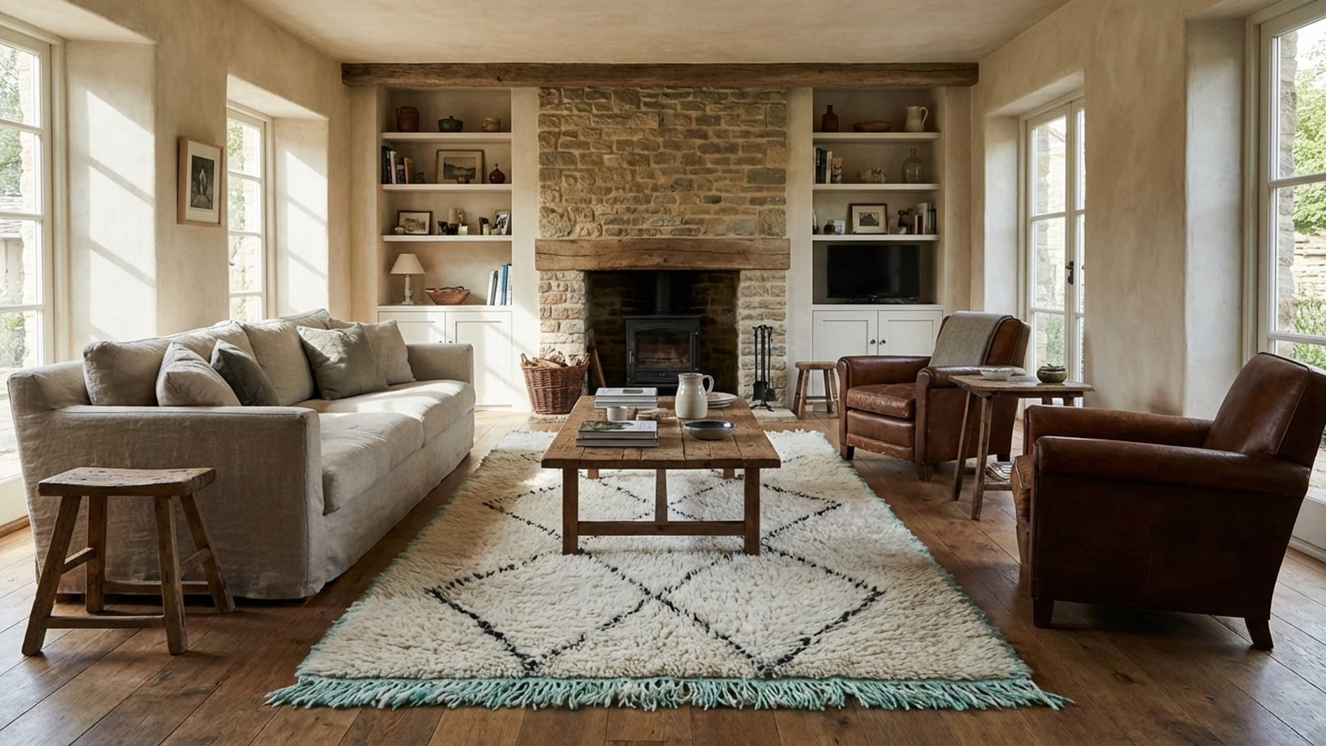 Moroccan Rug Handmade Wool 2x4 - Ivory Black Diamond Boho Minimalist Area Rug for Bedroom Entryway Beni Ourain