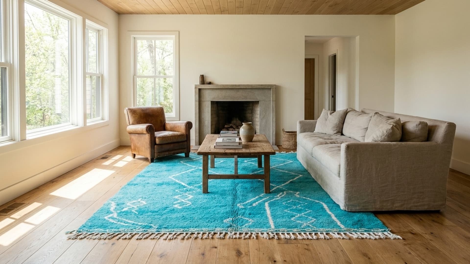 Moroccan Rug Handmade Wool 5x7 - Turquoise Blue Modern Boho Area Rug for Living Room Bedroom - Mrirt Rug