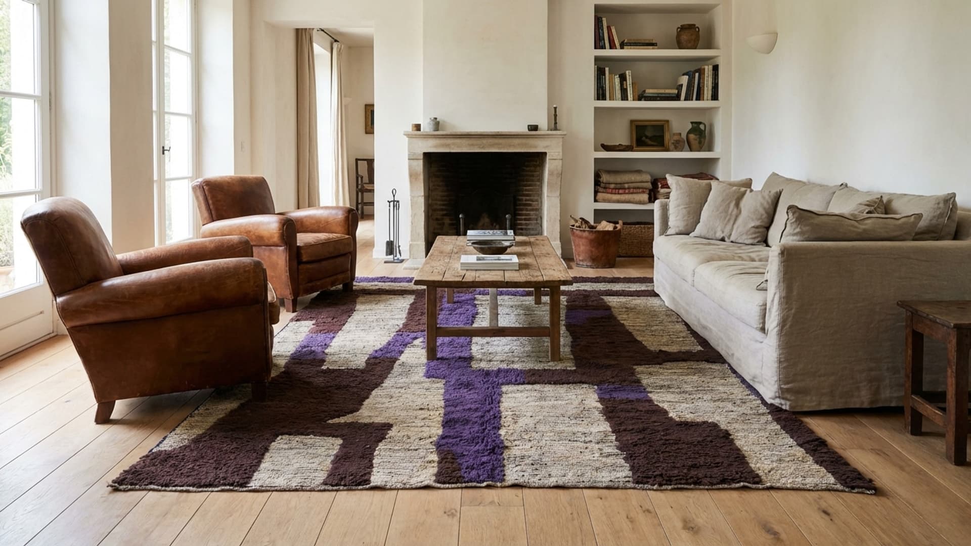 Marockansk Matta Handgjord Ull 7x10 - Neutral Brun Lila Modern Boho Area Matta för Vardagsrum Sovrum - Mrirt