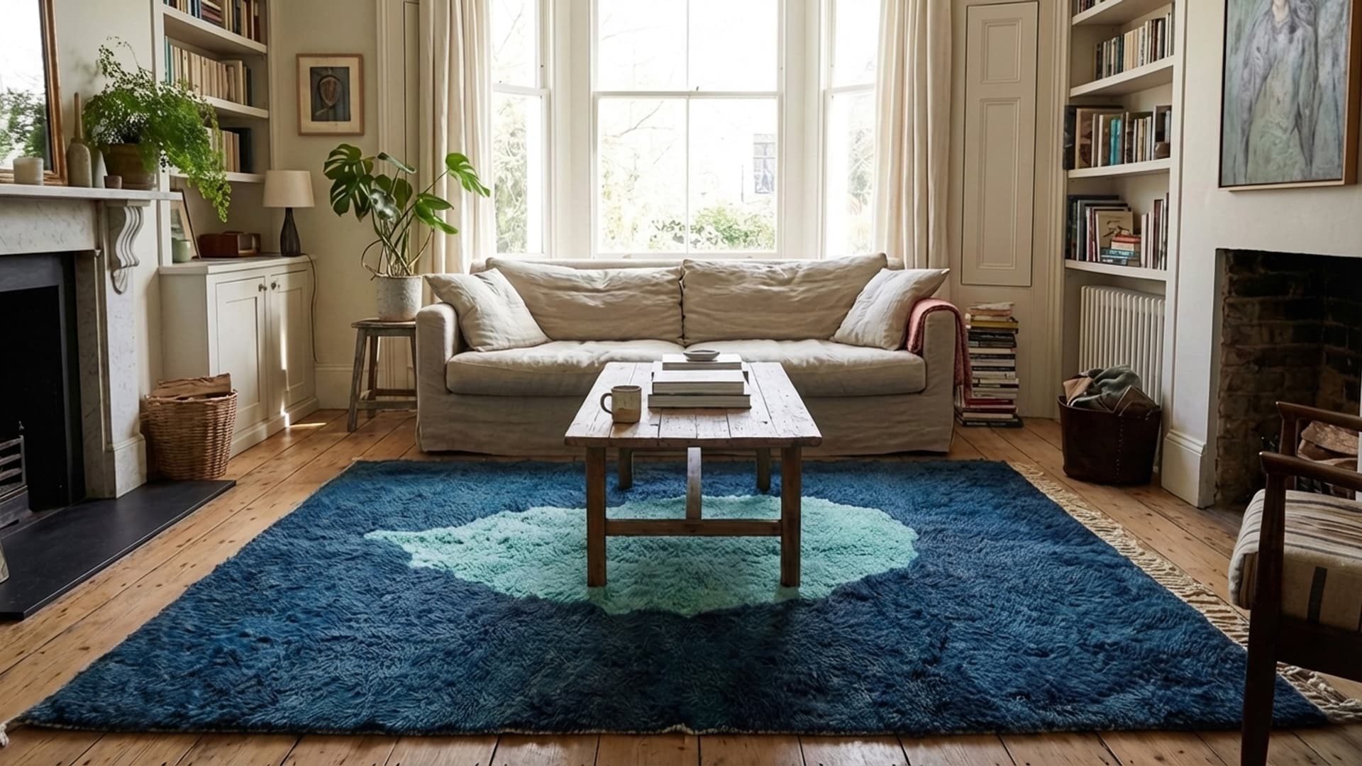 Moroccan Rug Mrirt 8x10 Wool Navy Blue Aqua Minimalist Living Room