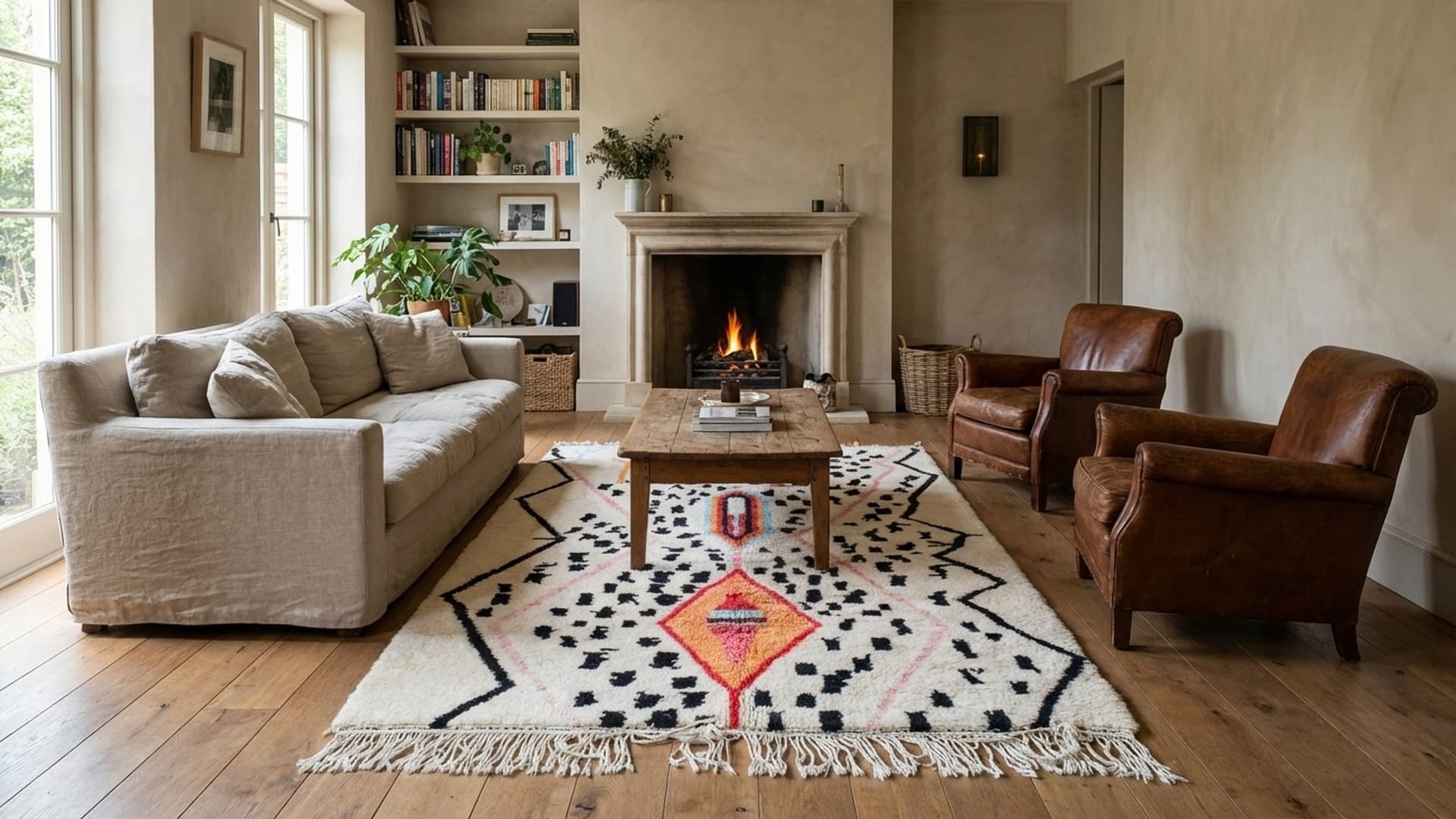 Moroccan Rug Azilal 4x6 Wool Cream White Black Multicolor Boho Living Room