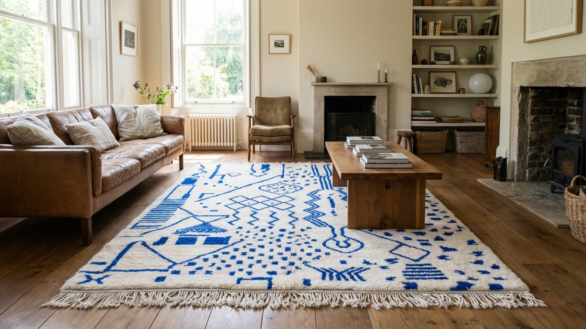 Moroccan Rug Beni Ourain 5x8 Wool Blue Ivory Boho Minimalist Living Room