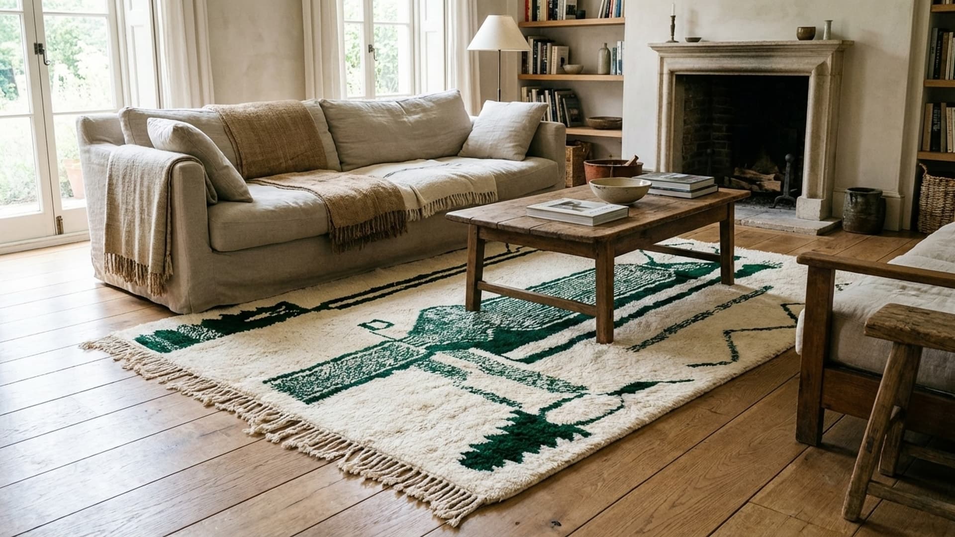 Moroccan Rug Handmade Wool 8x10 - Ivory Green Modern Boho Area Rug for Living Room Bedroom Beni Ourain