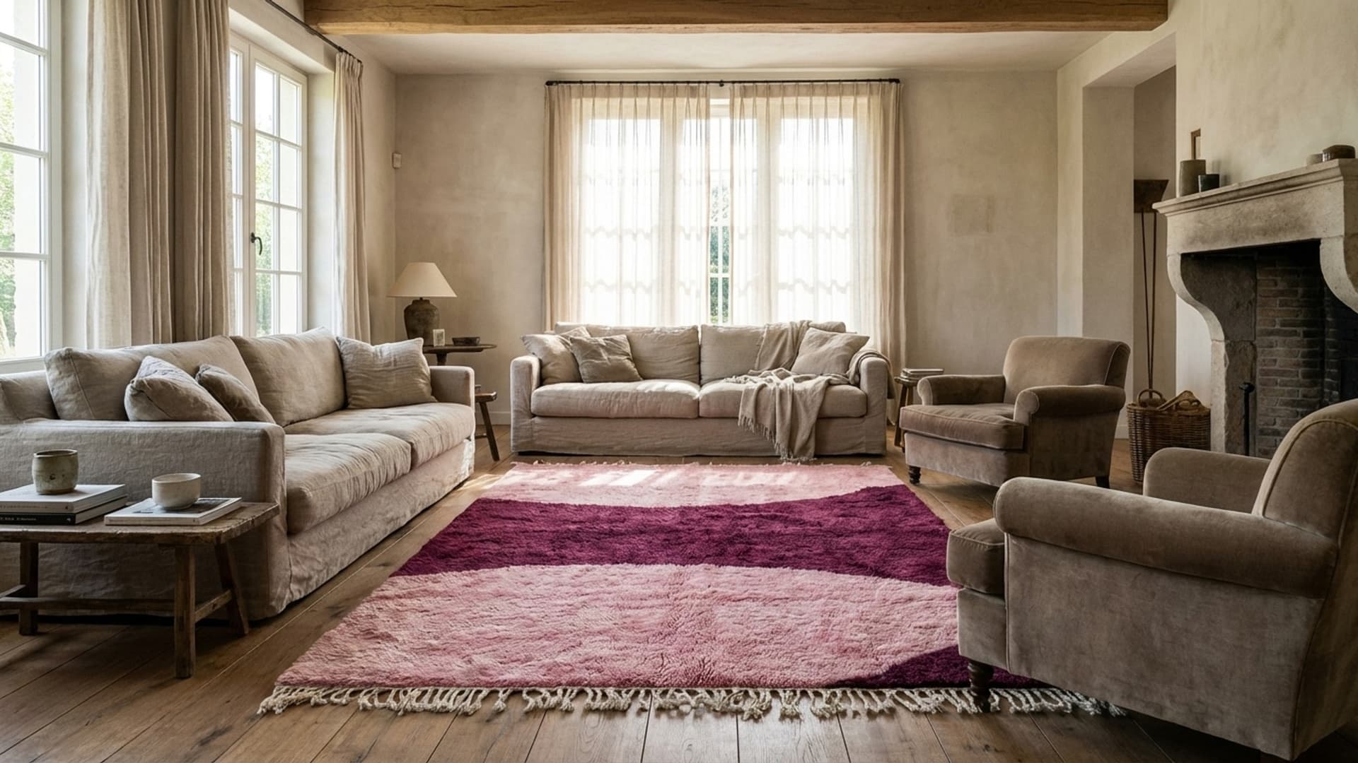 Moroccan Rug Handmade Wool 8x10 - Pink Plum Modern Boho Area Rug for Living Room Bedroom - Mrirt Berber