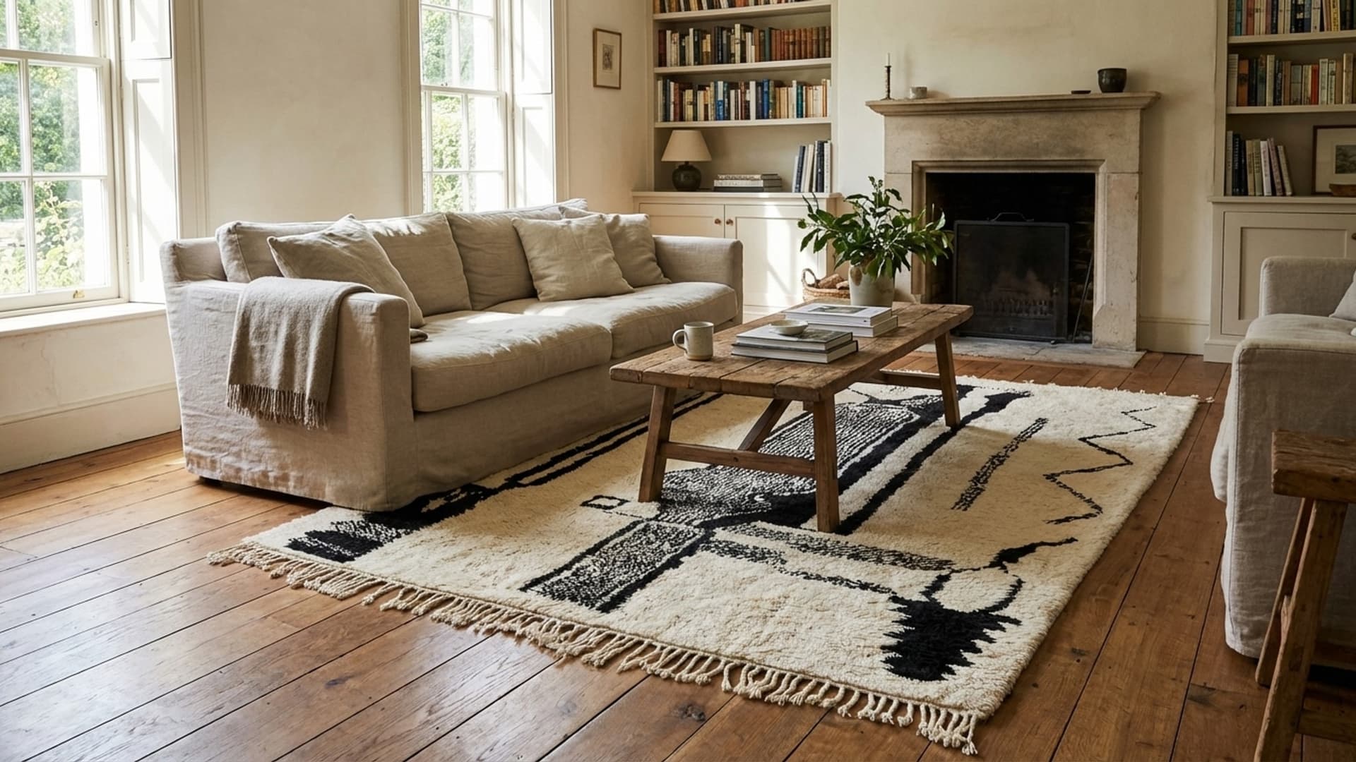 Moroccan Rug Handmade Wool 8x10 - Ivory Black Minimalist Boho Area Rug for Living Room Bedroom - Beni Ourain