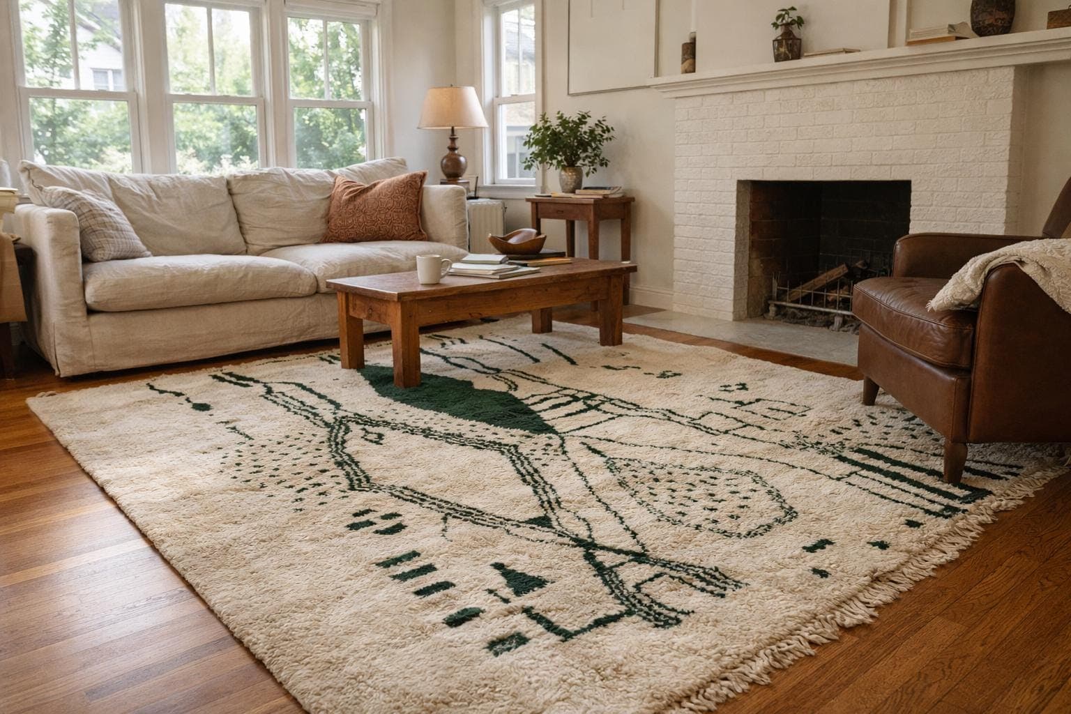 Moroccan Rug Handmade Wool 8x10 - Ivory Green Minimalist Boho Area Rug for Living Room Bedroom - Beni Ourain